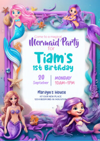 White Illustrative Ocean Princess Birthday Card A4 template