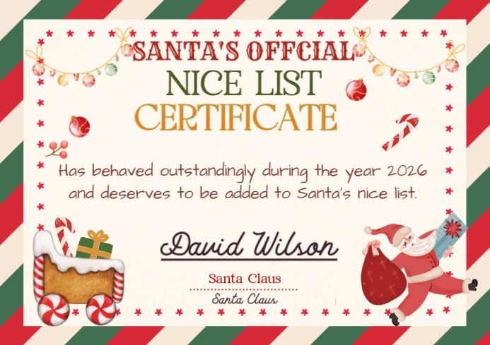 Copy of White Illustrative Official Nice List Certificate A4 | PosterMyWall