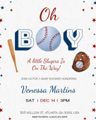 White Illustrative Oh Boy Baseball Baby Shower Invitation - Little Slugger Themed Boy Party Template Instagram Portrait