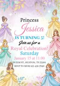 White Illustrative Princess Birthday Invitation A2 template