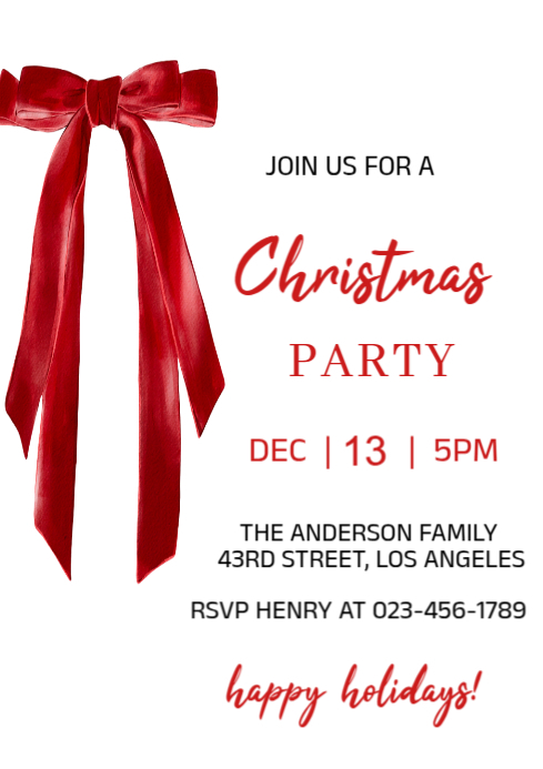 White Illustrative Red Bow Christmas Party Invitation Template A4 ...