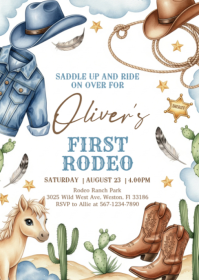 White Illustrative Rodeo Birthday Invite A6 template