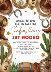 White Illustrative Rodeo Birthday Invite A6 template