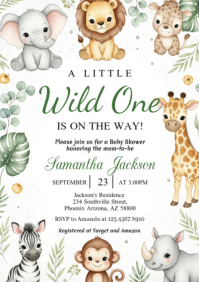 White Illustrative Safari Baby Shower Invitation A2 template