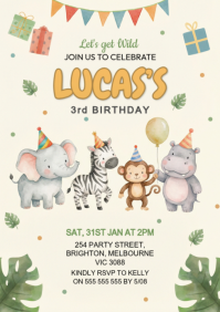 White Illustrative Safari Birthday Invitation A5 template