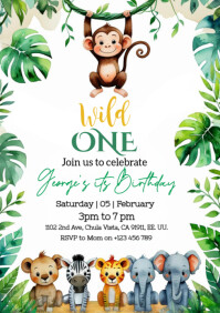 White Illustrative Safari Birthday Invitation, A4 template