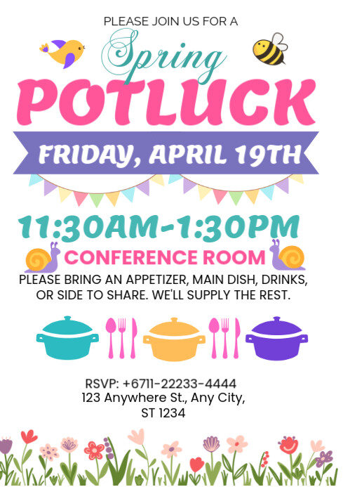 Spring Potluck Signage White Illustrative Spring Potluck A4 Template | PosterMyWall