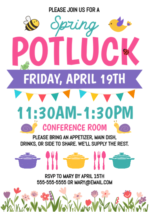 Spring Potluck Signage Plantilla de White Illustrative Spring Potluck Invitation A4 | PosterMyWall