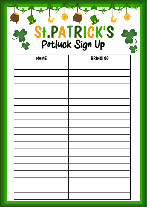 White Illustrative St Patrick's Potluck Sign Up A6 Template | PosterMyWall
