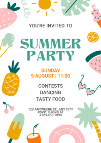 White Illustrative Summer Party Poster A2 template