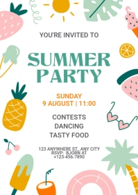 White Illustrative Summer Party Poster A2 template