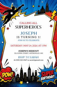 White Illustrative Superhero Birthday Party Half Page Wide Media Página Ancho template