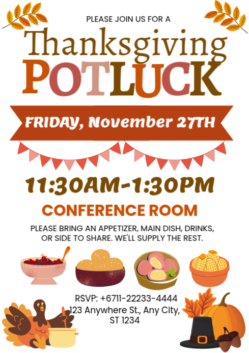 White Illustrative Thanksgiving Potluck A4 Template | PosterMyWall