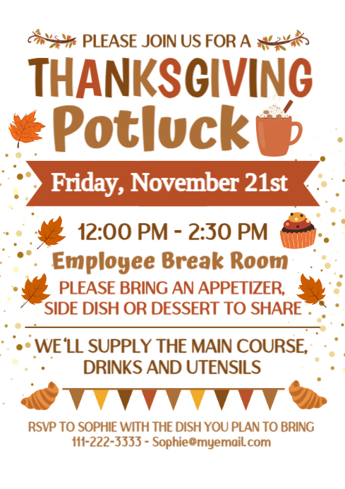 White Illustrative Thanksgiving Potluck A4 Template | PosterMyWall
