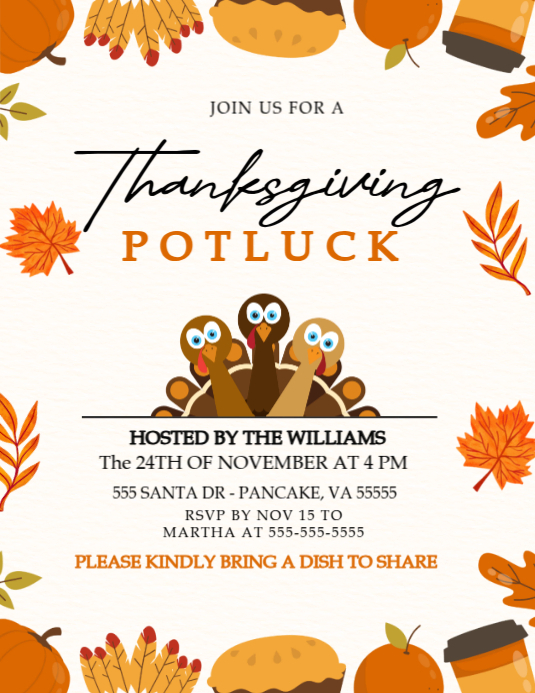White Illustrative Thanksgiving Potluck Flyer (us Letter) Template ...