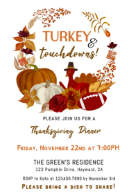 White Illustrative Turkey And Touchdowns Thanksgiving Dinner Invitation A4 template