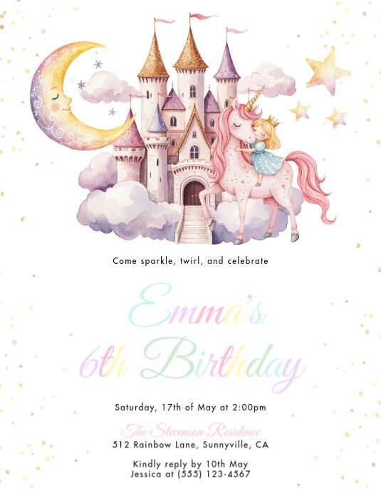 White Illustrative Unicorn Birthday Invitation Flyer (us Letter) template