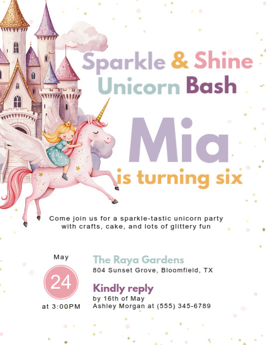 White Illustrative Unicorn Birthday Invitation Flyer (us Letter) template