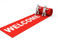 White Illustrative Welcome Banner With 3d Characters Rolling Red Carpet | Friendly Greeting Design P Carte postale template