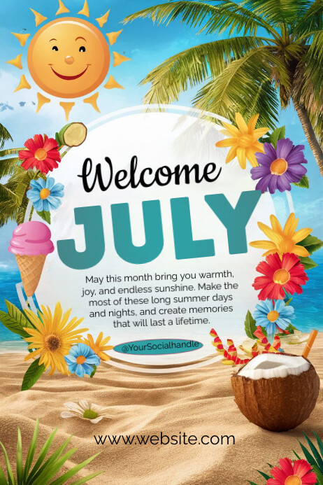 White Illustrative Welcome July  Poster template