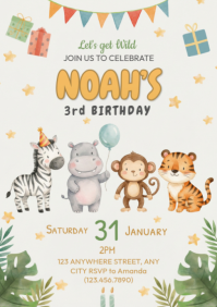 White Illustrative Wild Animal Birthday Invitation A2 template