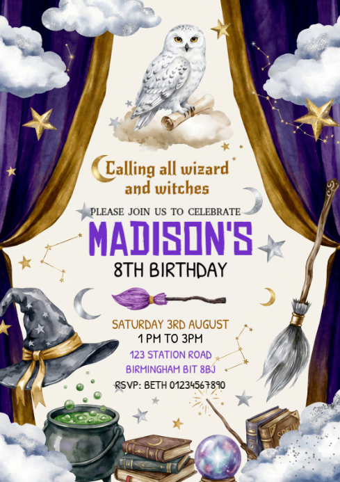 Plantilla de Wizard-themed Birthday Party A4 | PosterMyWall