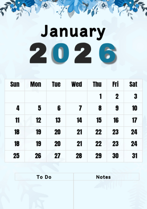 White January 2026 Calendar A1 Template | PosterMyWall