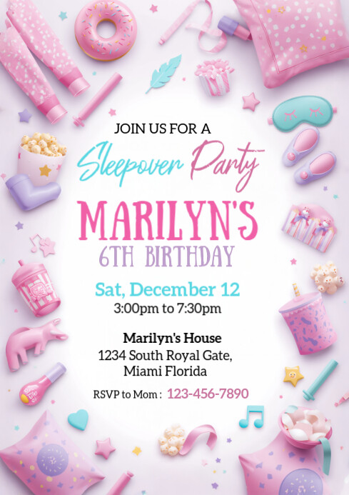 White Joyful , Slumber Party Invitation, A4 template