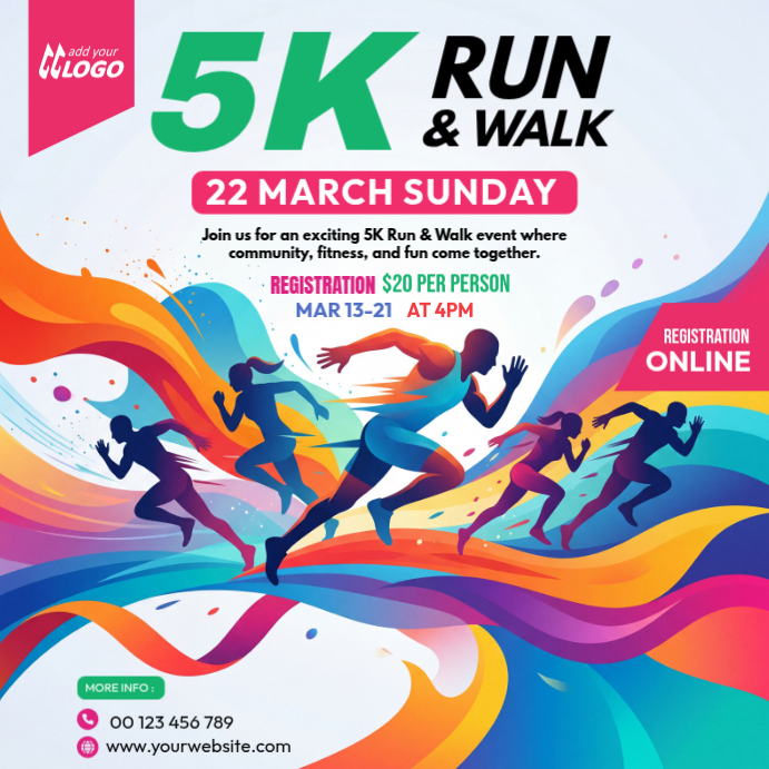 White Joyful 5K Run & Walk Event Instagram Post Template | PosterMyWall
