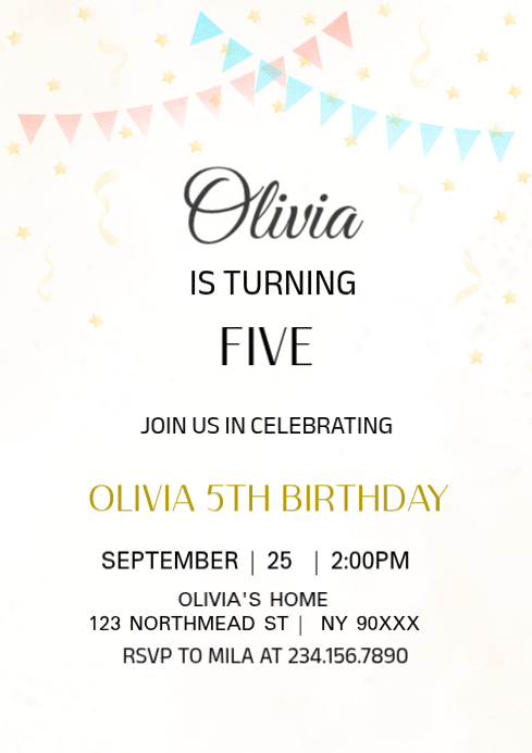 White Joyful 5th Birthday Invitation Template A4 | PosterMyWall