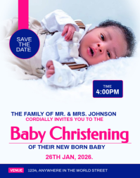 White Joyful Adorable Baby Christening Save The Date Invitation Template - Customizable Baptism Cere Poster/Wandzeitung