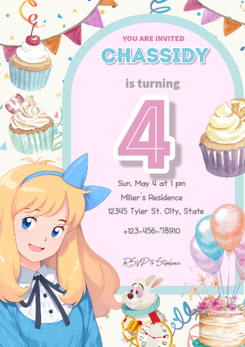 White Joyful Alice In Wonderland Birthday A4 template