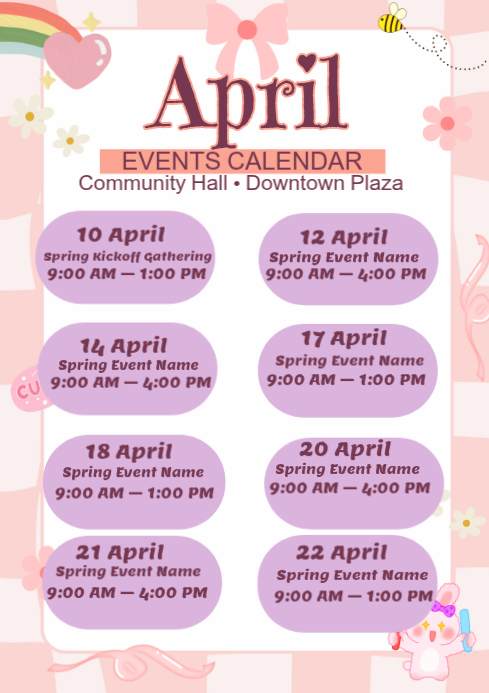 Modèle White Joyful April Events Calendar A4 | PosterMyWall