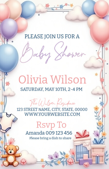 White Joyful Baby Shower Invitation Template, Half Page Wide Meia página larga