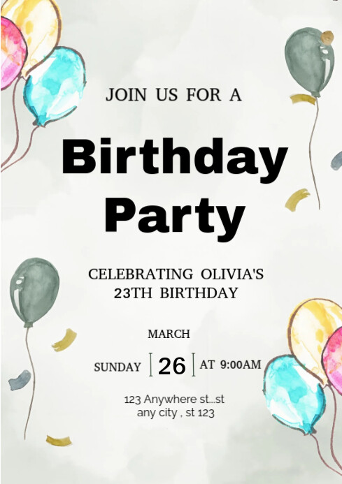 White Joyful Balloon Birthday Party Invitation Template A4 | PosterMyWall