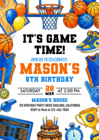 White Joyful Basketball Birthday Party A6 template