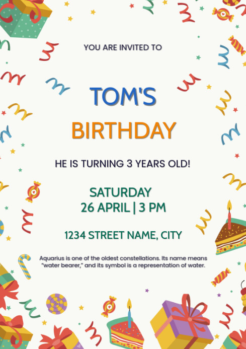 White Joyful Birthday Invitation A4 Template | PosterMyWall