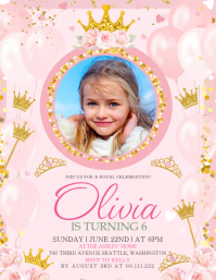 สีขาว Princess Birthday Party Flyer Template