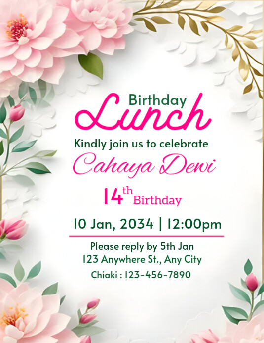 White Joyful Birthday Lunch Invitation Card Poster  Flyer (us Letter) Pamflet (VSA Brief) template