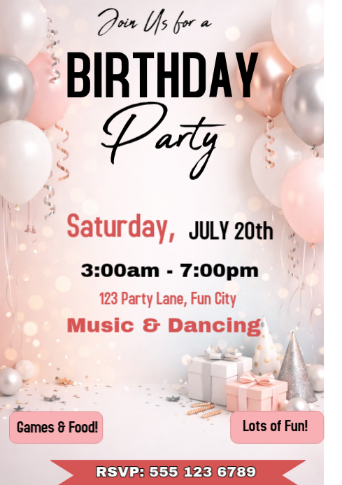 White Joyful Birthday Party Invitation A4 Template | PosterMyWall
