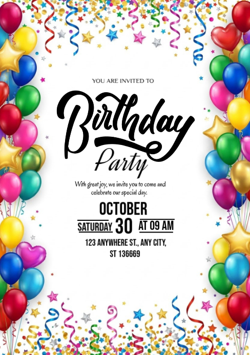 Invitation Graphcs White Joyful Birthday Party Invitation A5 Template | PosterMyWall