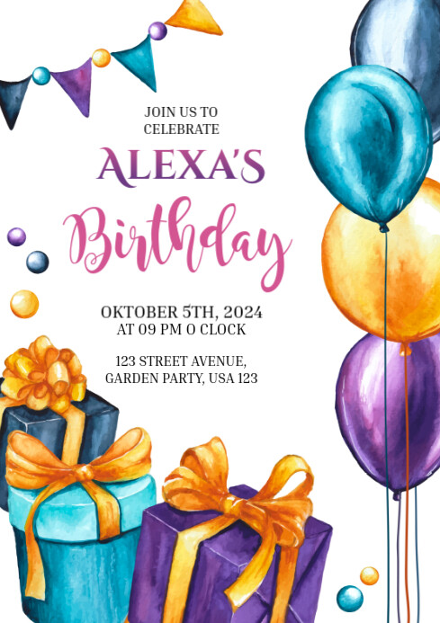 White Joyful Birthday Party Invitation Flyer A4 Template | PosterMyWall