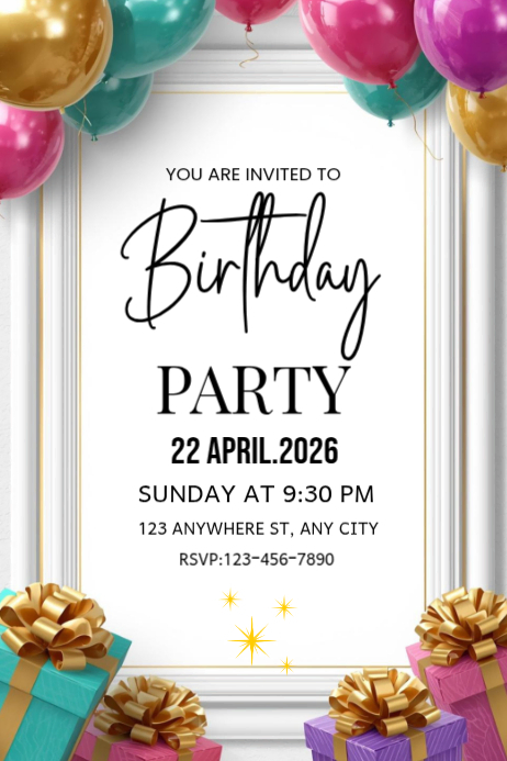 White Joyful Birthday Party Invitation Poster Template | PosterMyWall