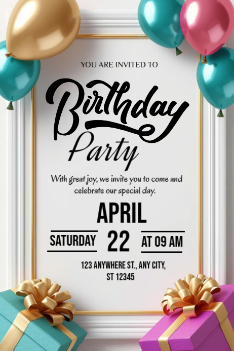 White Joyful Birthday Party Invitation Poster Template | PosterMyWall