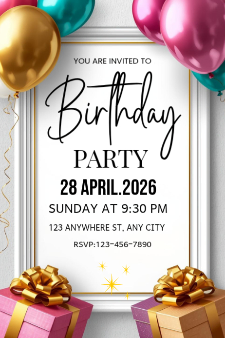 White Joyful Birthday Party Invitation Poster Template | PosterMyWall
