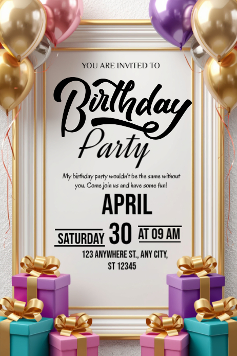 White Joyful Birthday Party Invitation Poster Template | PosterMyWall