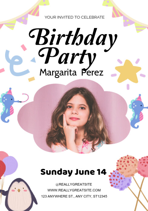 White Joyful Birthday Party Post A4 Template | PosterMyWall