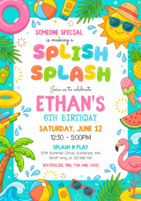White Joyful Birthday Pool Party A4 template