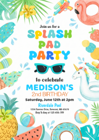 White Joyful Birthday Pool Party A4 template