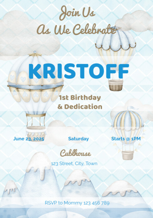 White Joyful Blue Pastel Birthday & Dedication Balloon Invitation A4 template